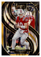 2024 Panini Select #113 Drake Maye Premier Level Black & Gold Shock Prizm RC — front; New England Patriots.