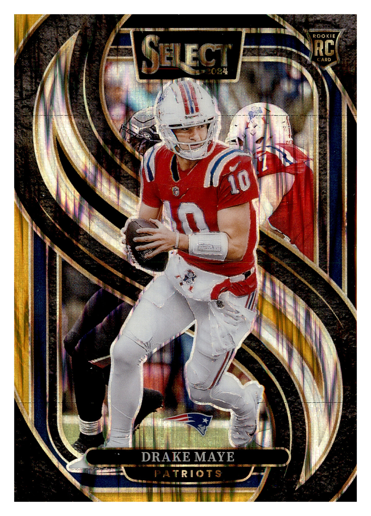 2024 Panini Select #113 Drake Maye Premier Level Black & Gold Shock Prizm RC — front; New England Patriots.