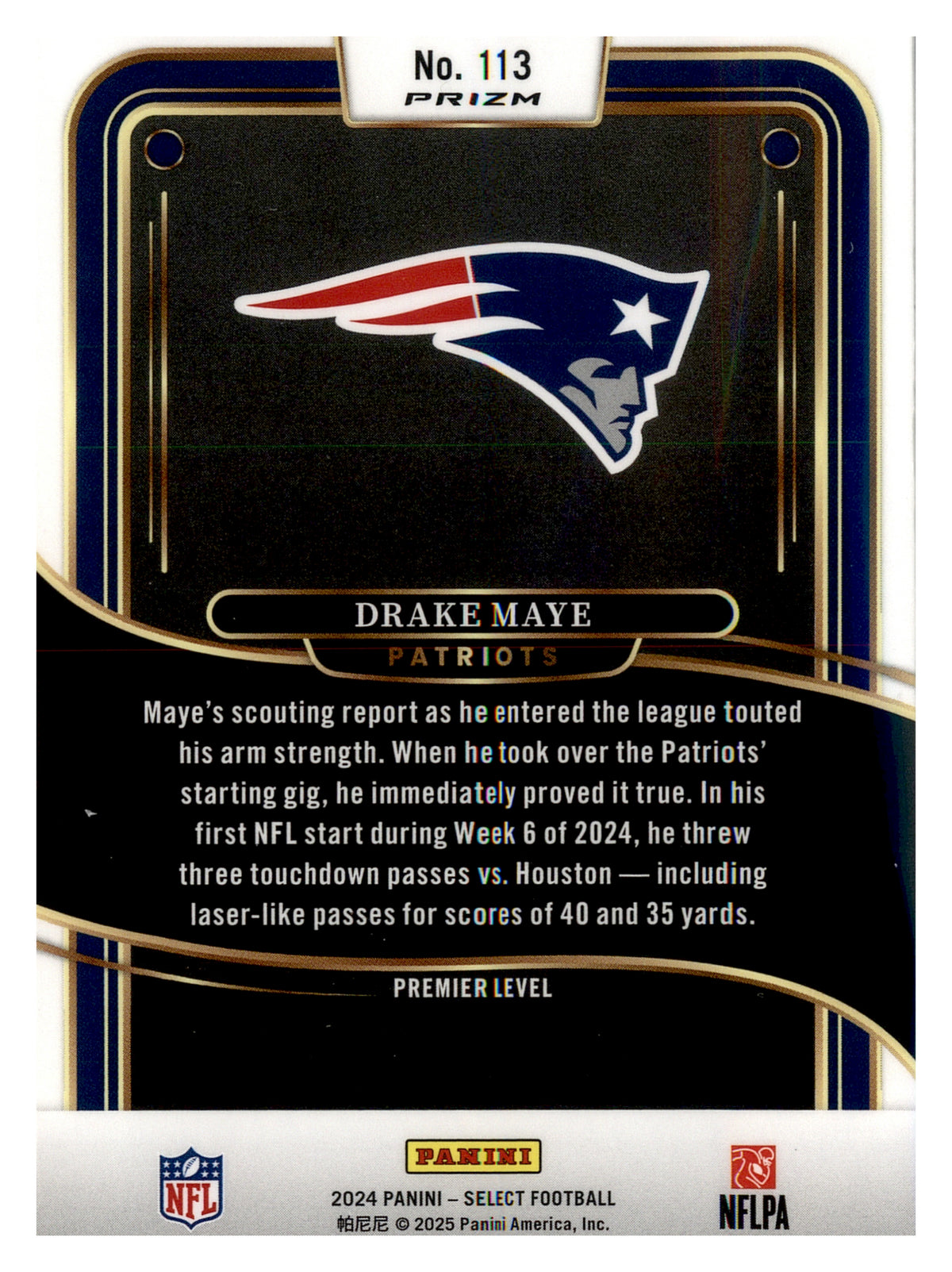 2024 Panini Select #113 Drake Maye Premier Level Black & Gold Shock Prizm RC — back; New England Patriots.