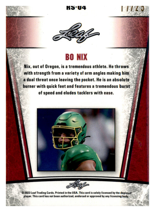 Bo Nix Silver Wave rookie card #RS-04 — back; player biography and 17/25 serial number.