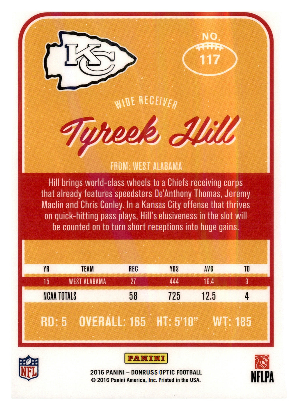 2016 Donruss Optic #117 Tyreek Hill Purple RC — back; Kansas City Chiefs.