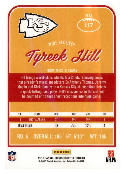 2016 Donruss Optic #117 Tyreek Hill Purple RC — back; Kansas City Chiefs.