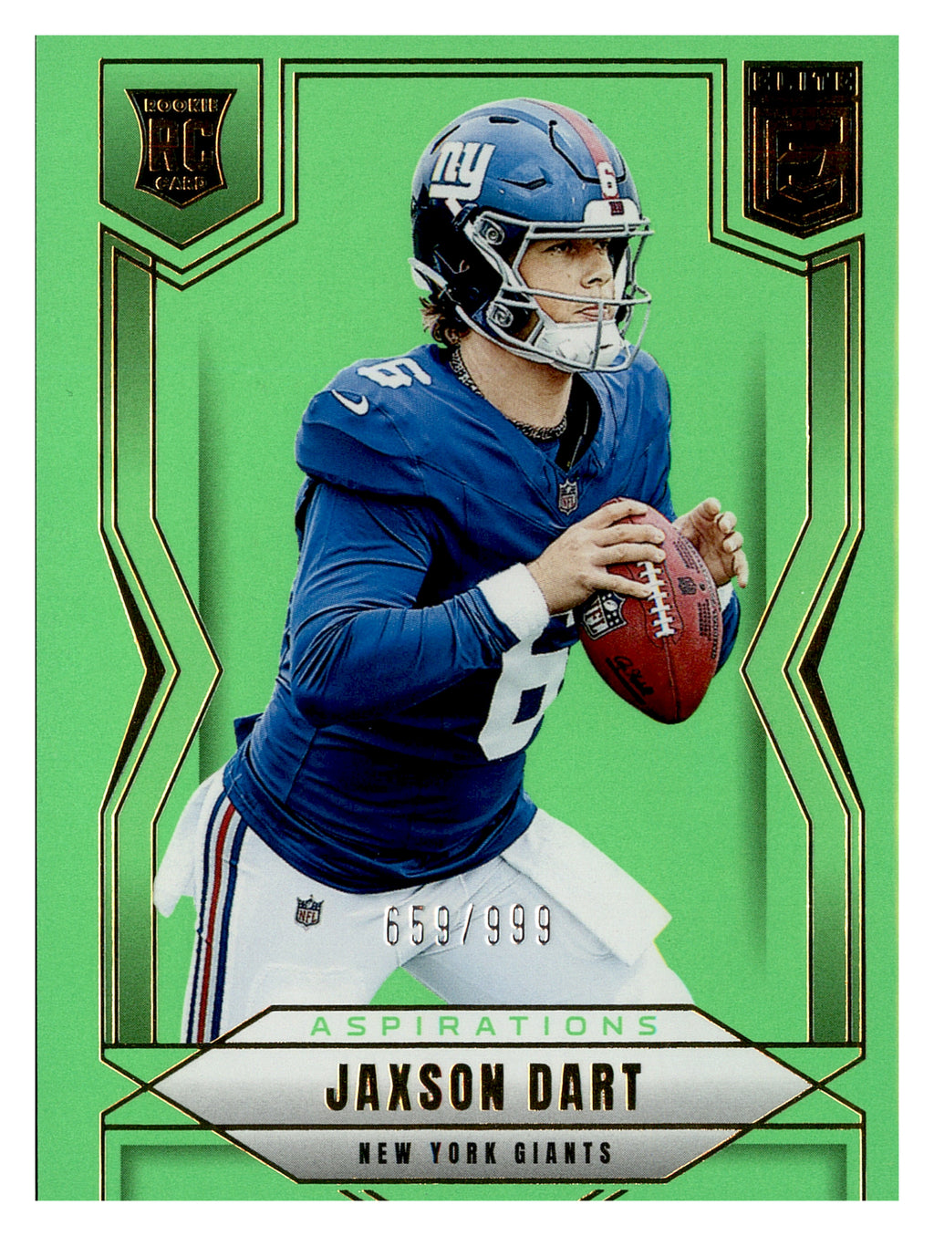 2025 Donruss Elite #103 Jaxson Dart Aspirations Lime Green 659/999 RC — front; New York Giants. Green Aspirations finish and 659/999 serial number.