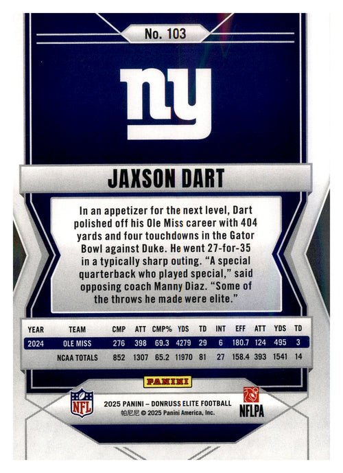 2025 Donruss Elite #103 Jaxson Dart Aspirations Lime Green 659/999 RC — back; New York Giants.