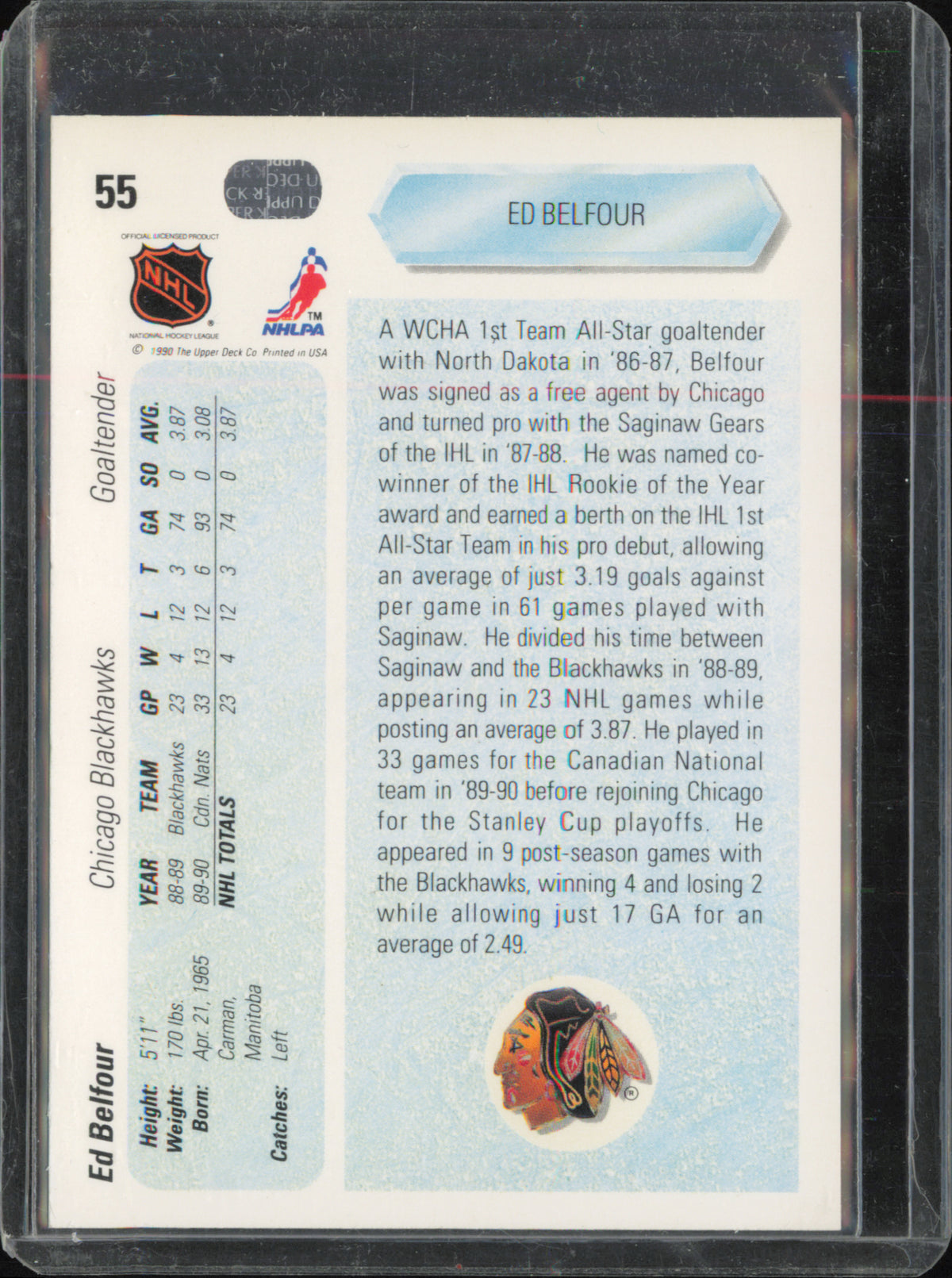 1990-91 Upper Deck #55b Ed Belfour back