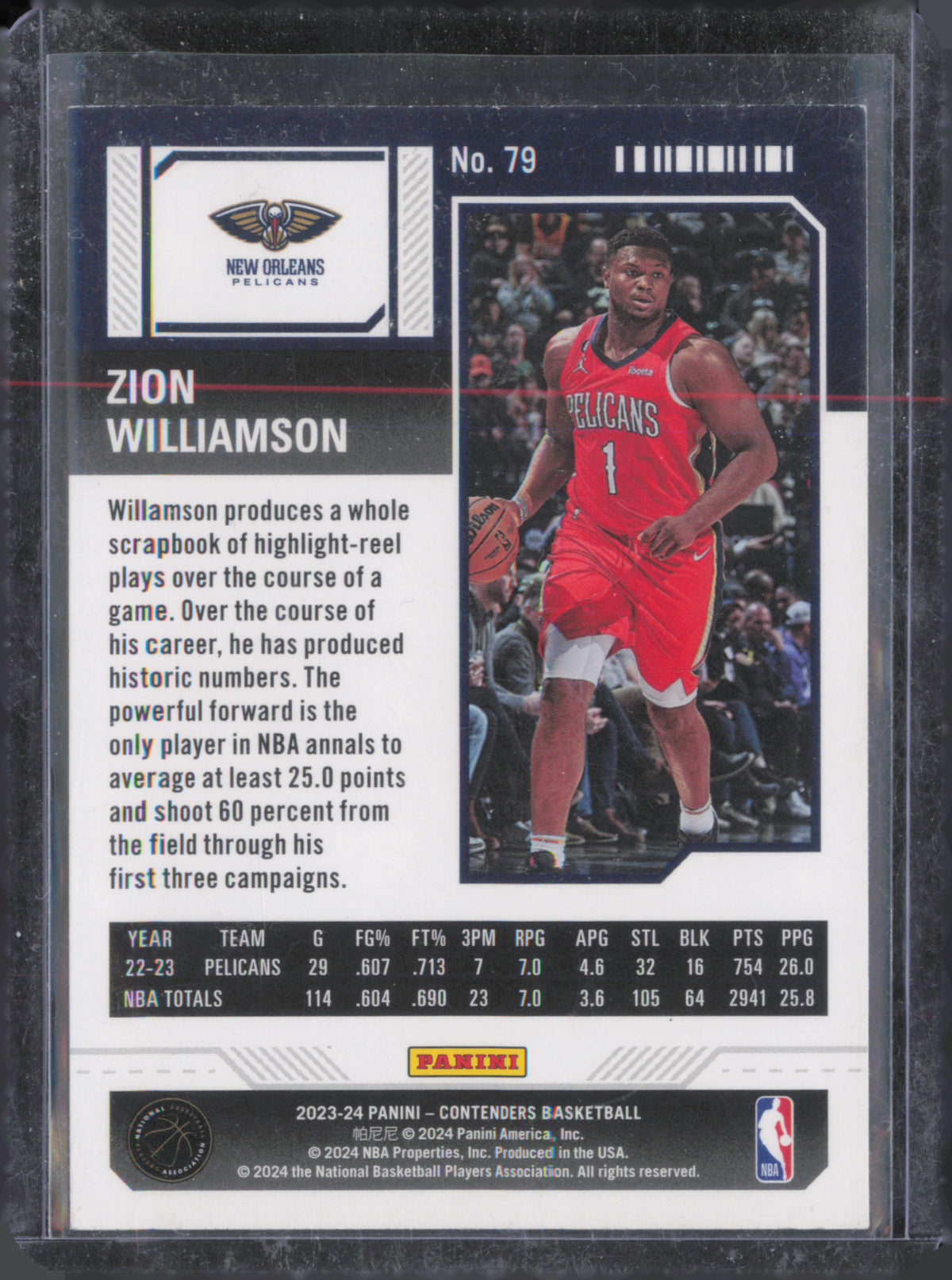 2023-24 Panini Contenders #79 Zion Williamson Premium Edition back