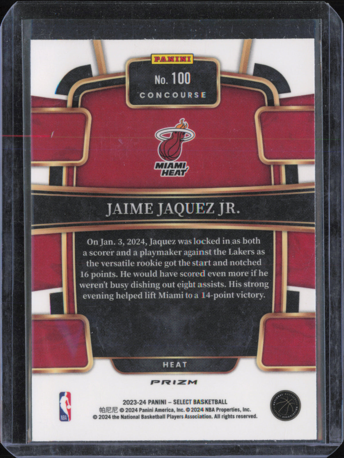 2023-24 Panini Select #100 Jaime Jaquez Jr. Green White Purple Prizms back