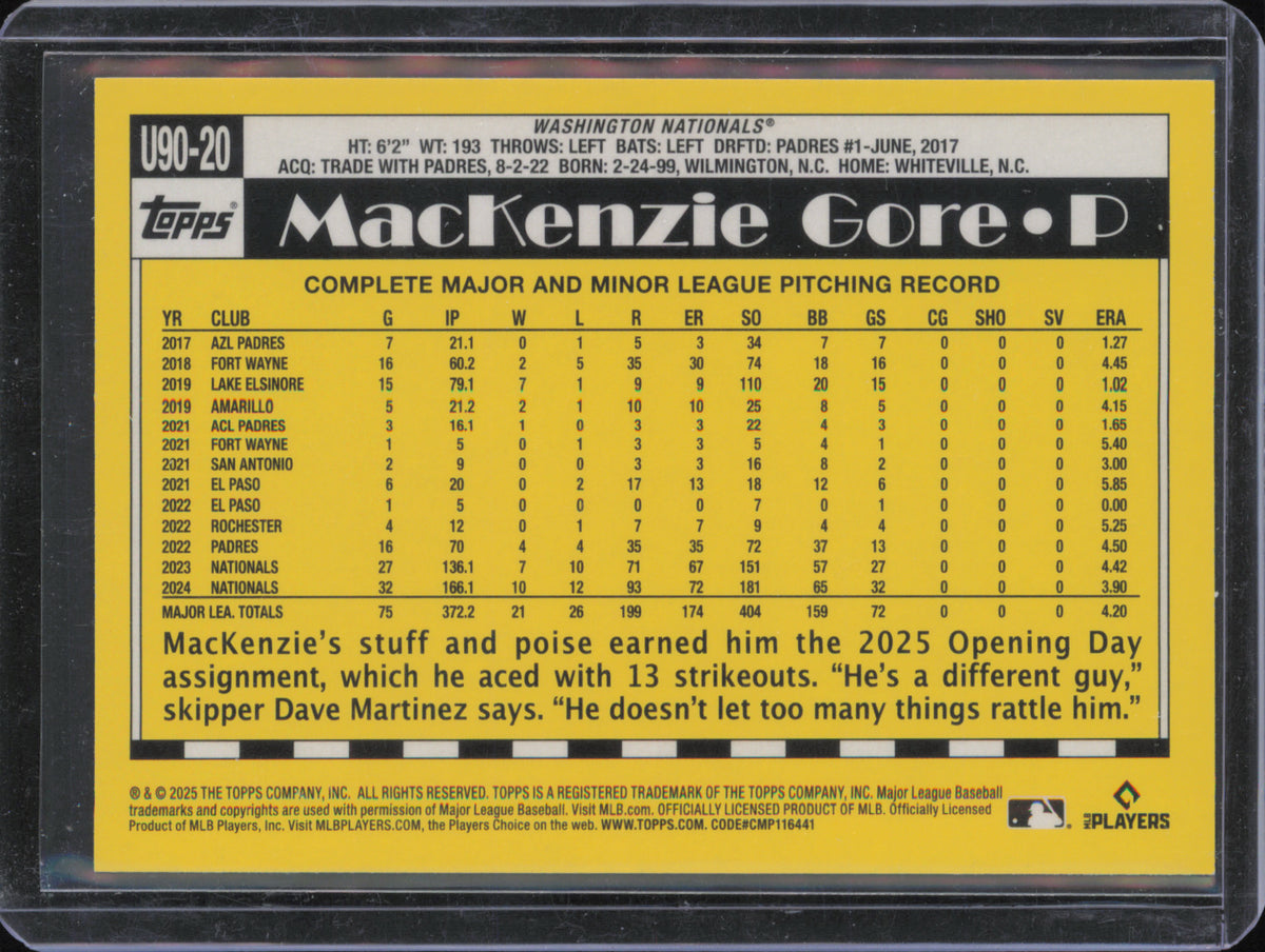 2025 Topps Update #U90-20 MacKenzie Gore 1990 Topps Baseball 35th Anniversary back