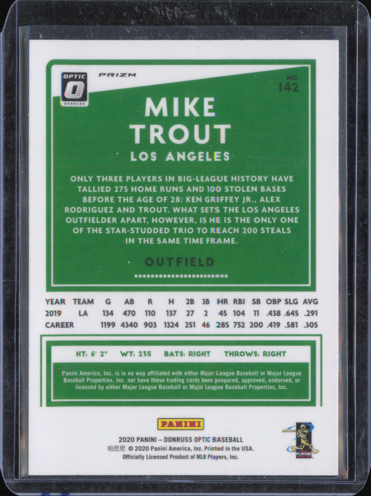 2020 Donruss Optic #142 Mike Trout Holo back