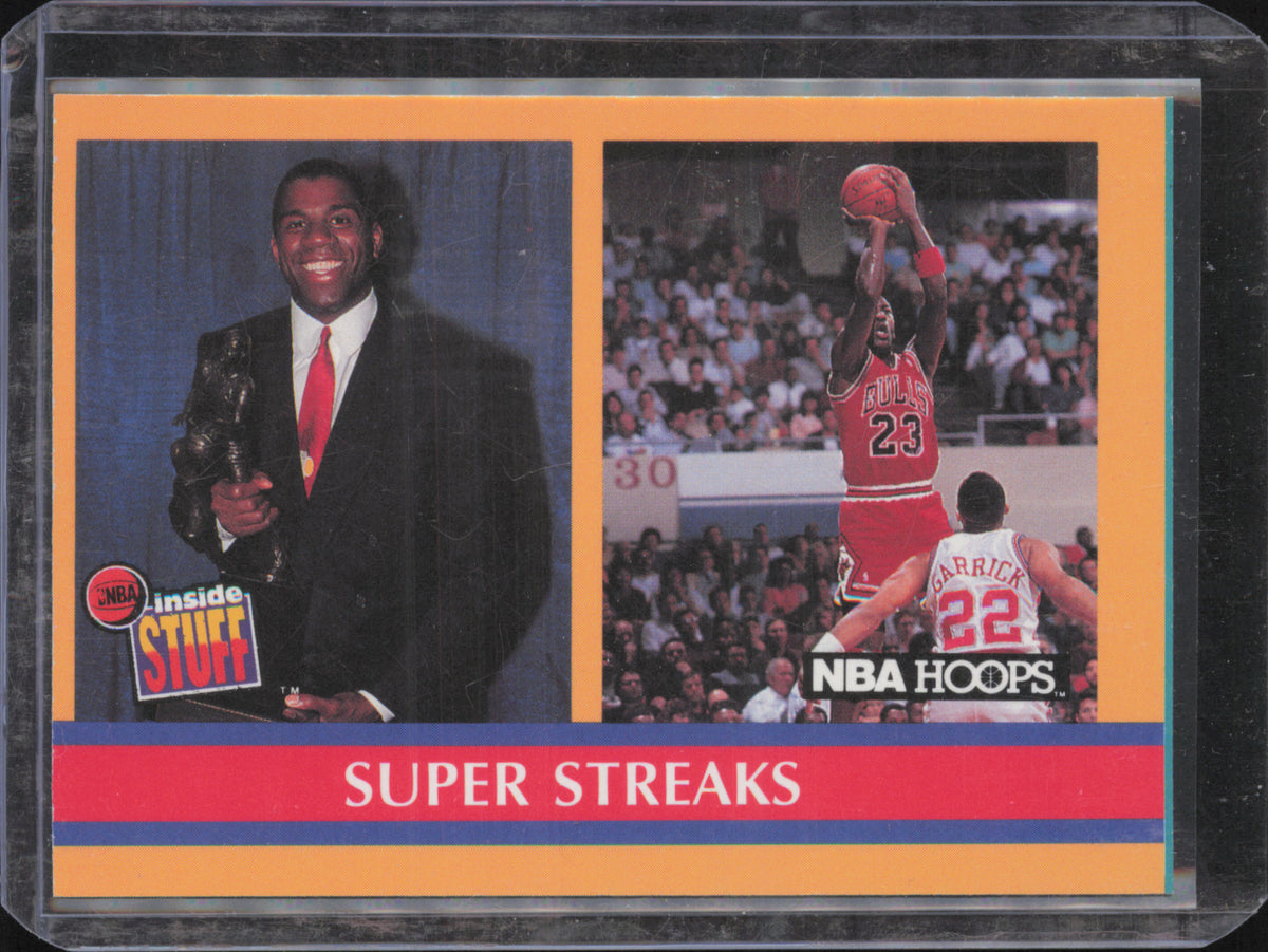 1990-91 Hoops #385 Super Streaks - Magic Johnson and Michael Jordan front