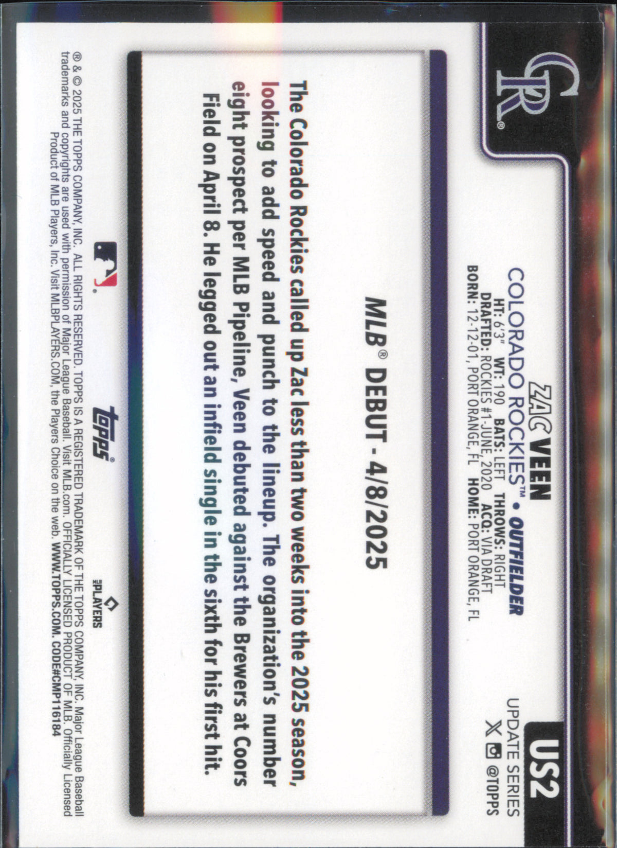 2025 Topps Update #US2 Zac Veen back