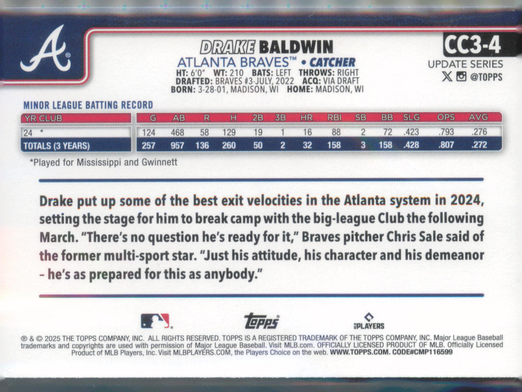 2025 Topps Update #CC3-4 Drake Baldwin Super Box Companion Cards back