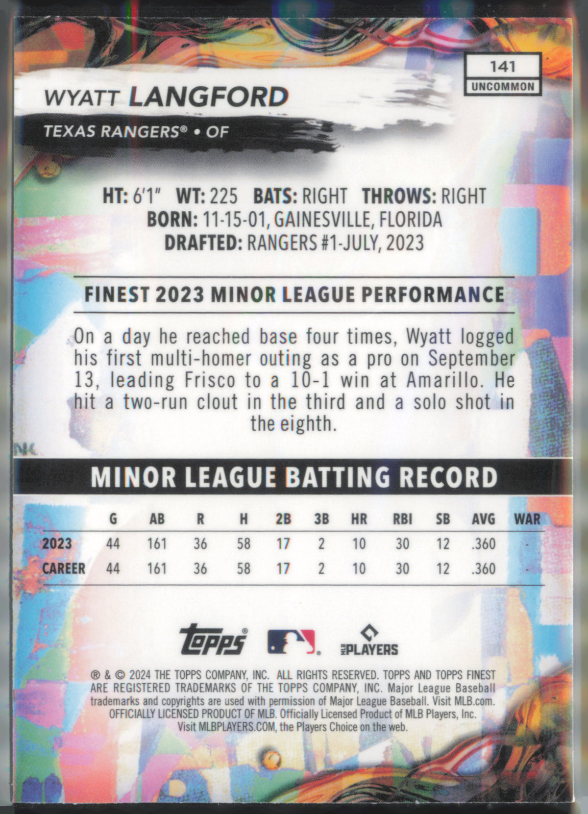 2024 Finest #141 Wyatt Langford Checkerboard Refractor back