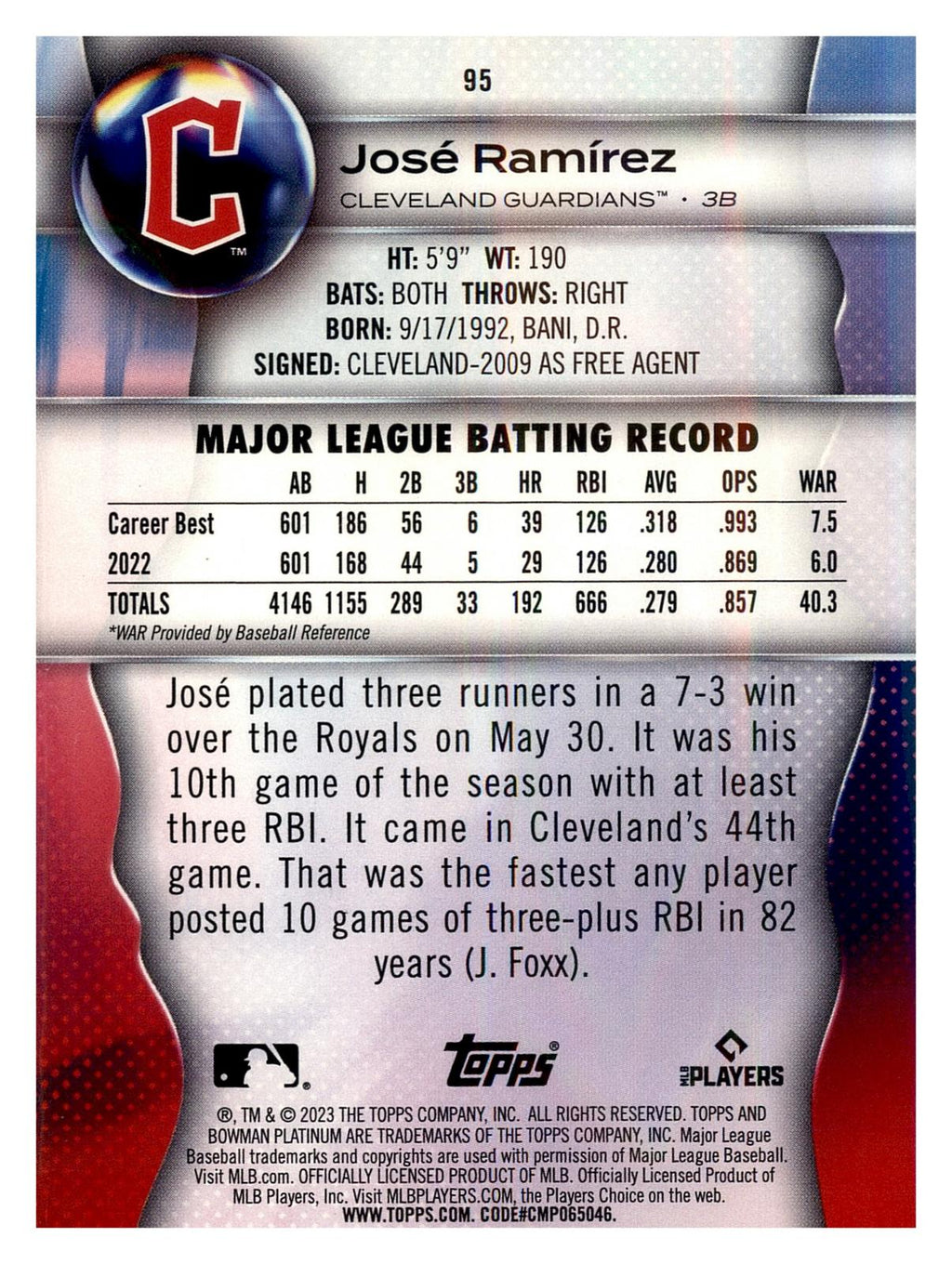 2023 Bowman Platinum #95 José Ramírez back