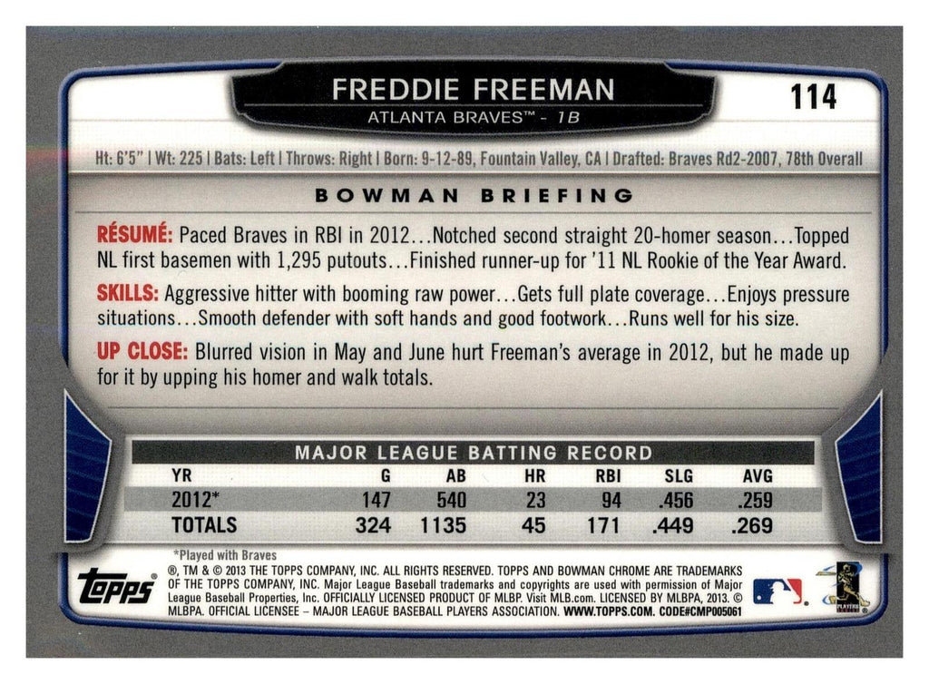 2013 Bowman Chrome #114 Freddie Freeman back