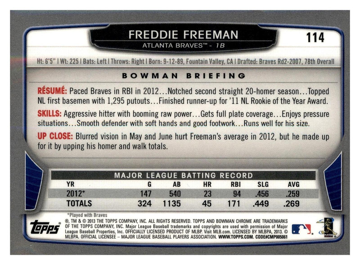 2013 Bowman Chrome #114 Freddie Freeman back