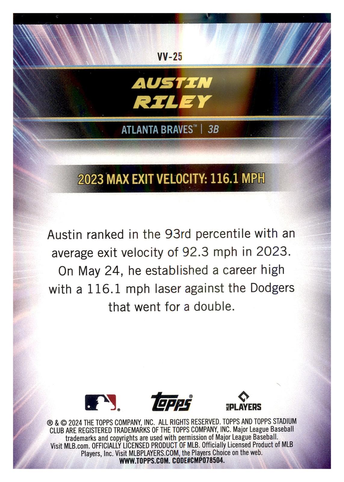 2024 Stadium Club #VV-25 Austin Riley Virtuosos of Velocity back