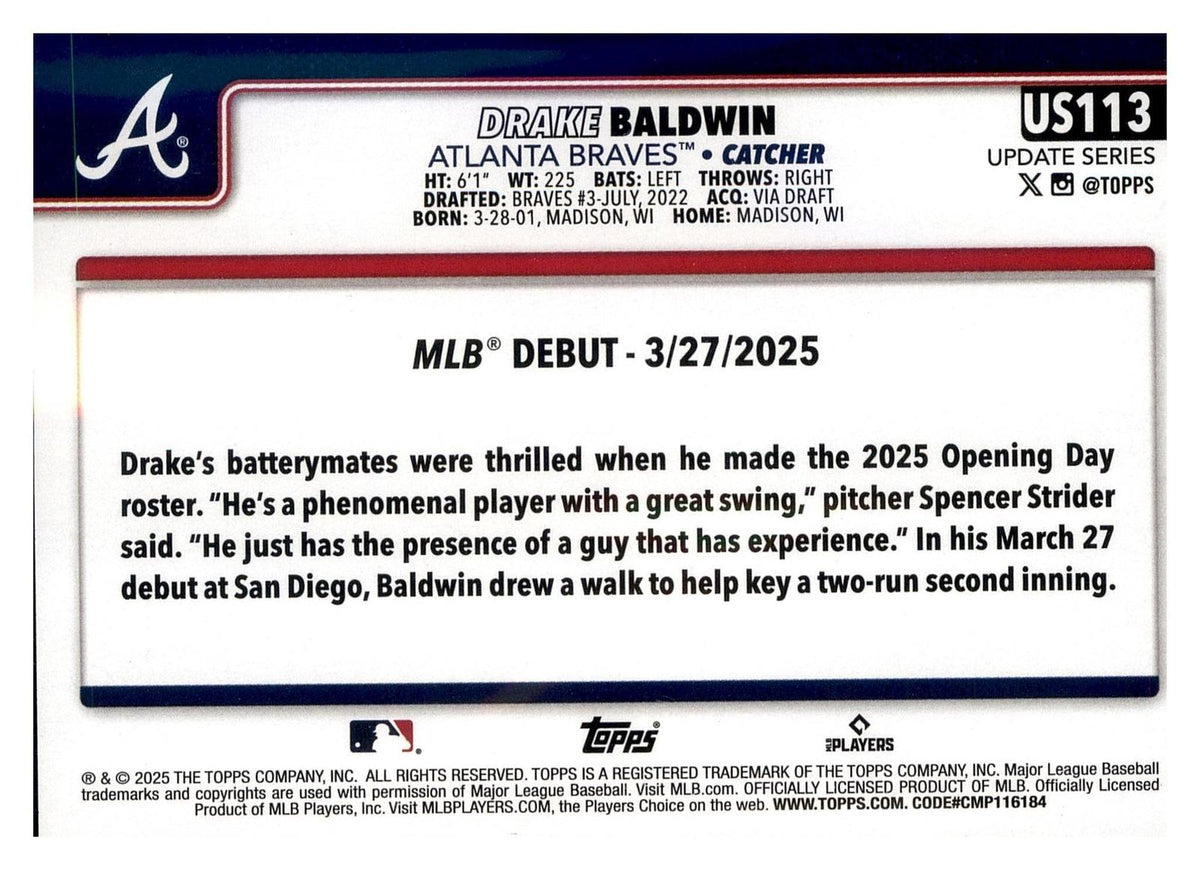 2025 Topps Update #US113 Drake Baldwin back