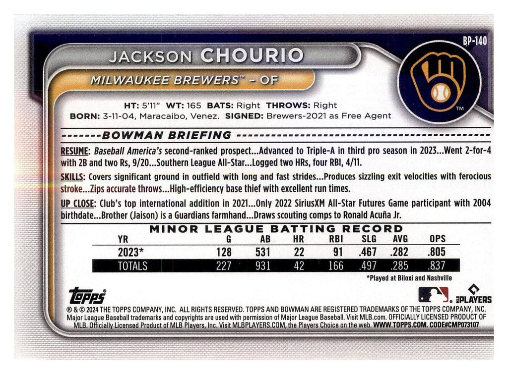 2024 Bowman #BP-140 Jackson Chourio Prospects back