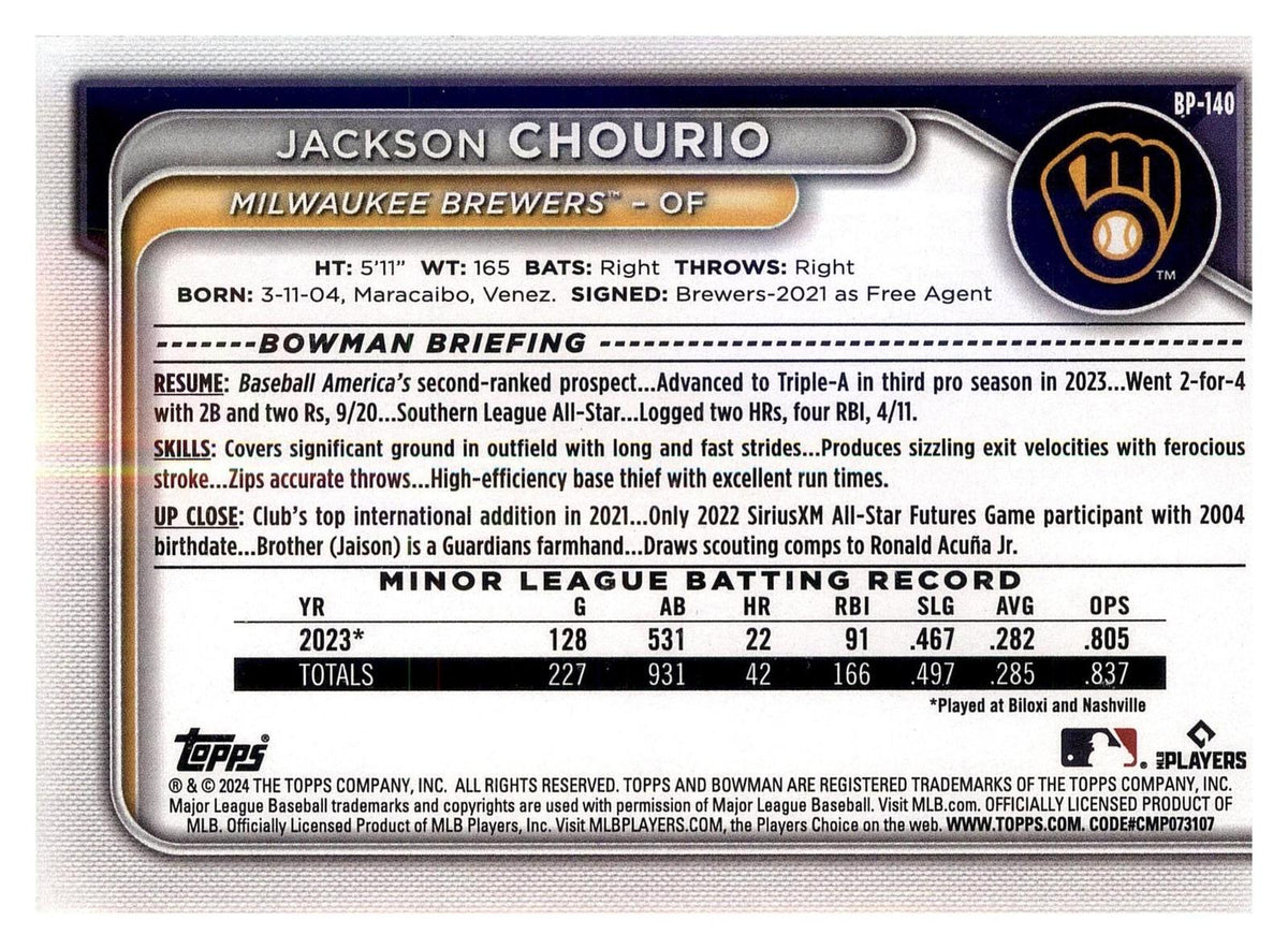 2024 Bowman #BP-140 Jackson Chourio Prospects back