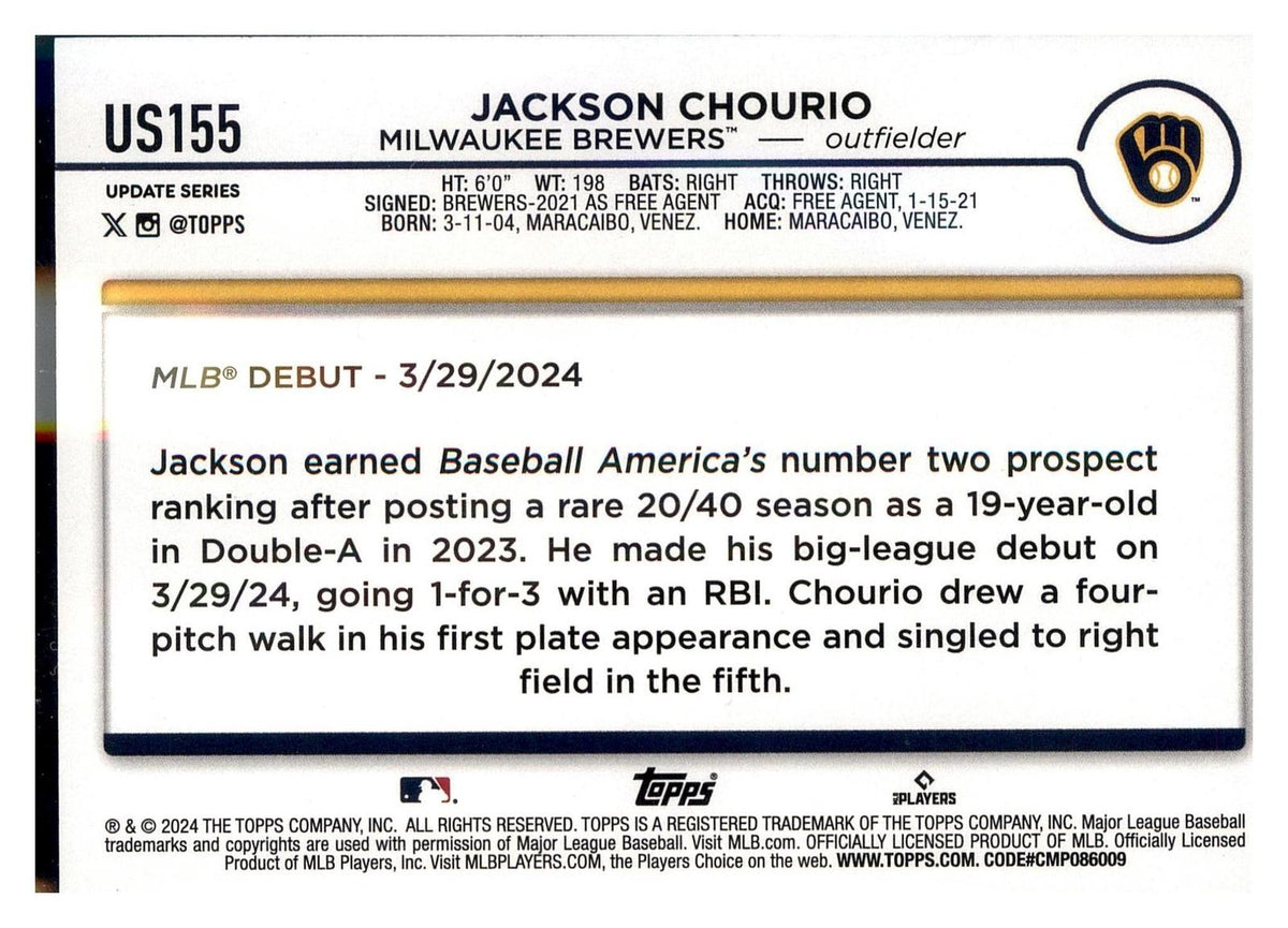 2024 Topps Update #US155 Jackson Chourio back