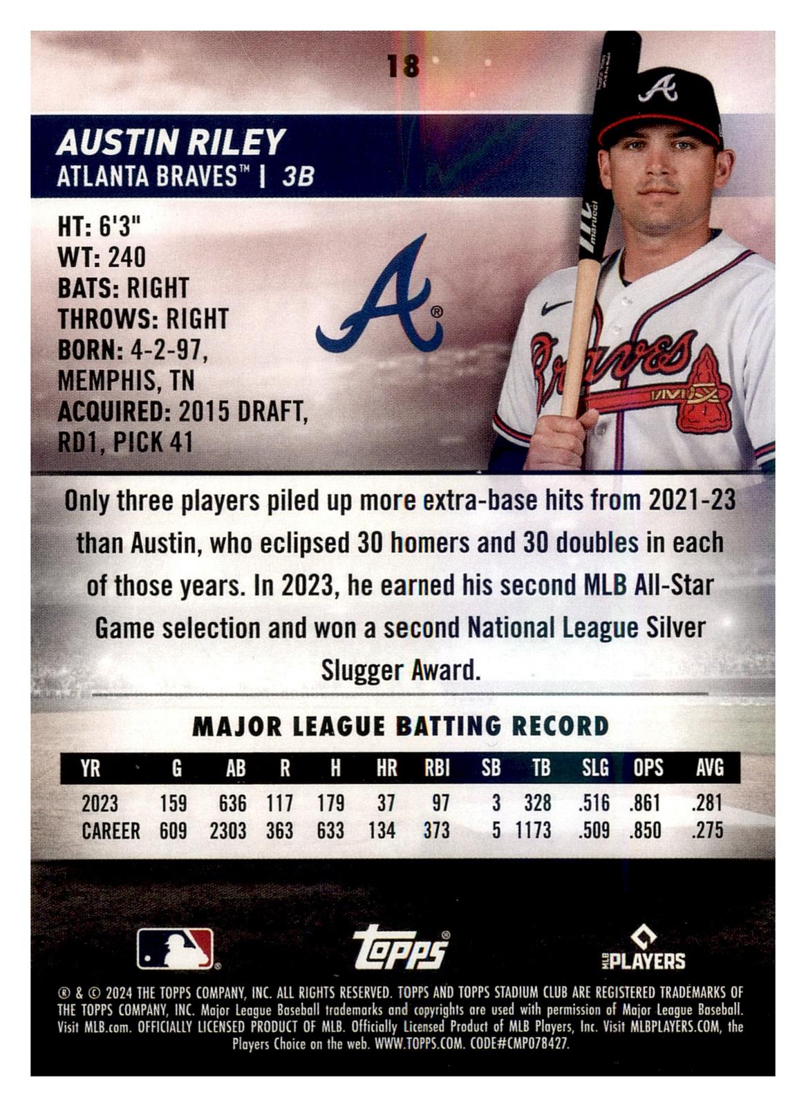 2024 Stadium Club #18 Austin Riley back