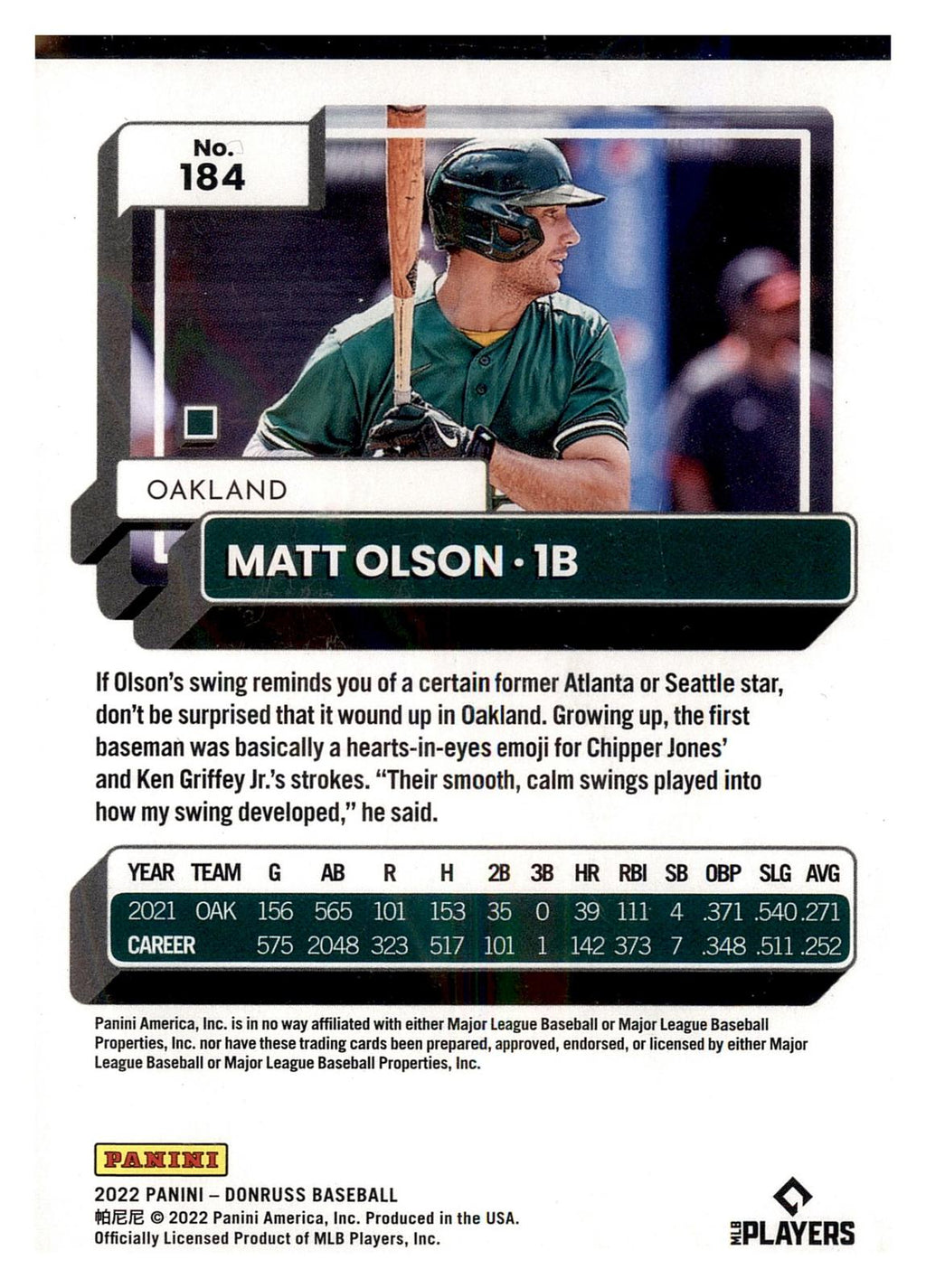 2022 Donruss #184 Matt Olson Holo Orange back