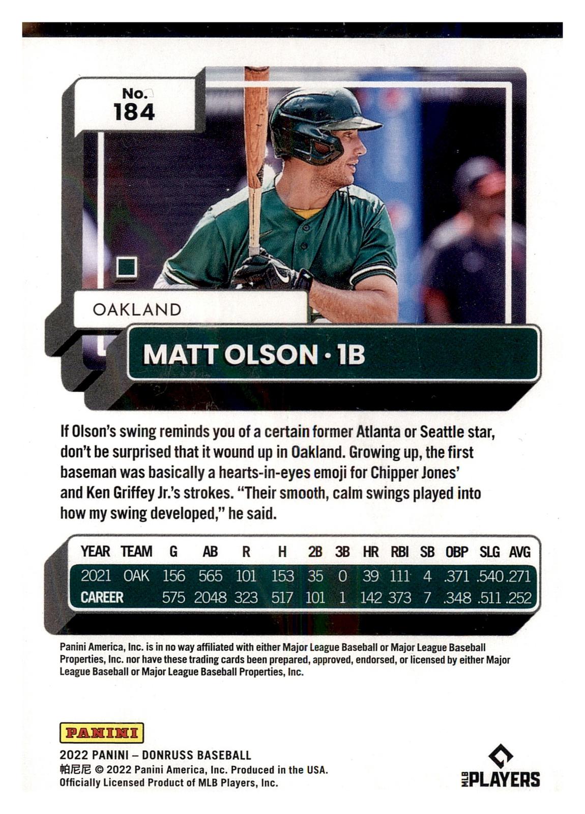 2022 Donruss #184 Matt Olson Holo Orange back