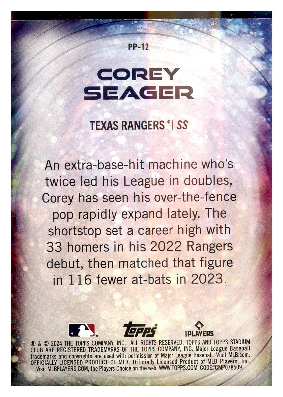 2024 Stadium Club #PP-12 Corey Seager Power Packed back