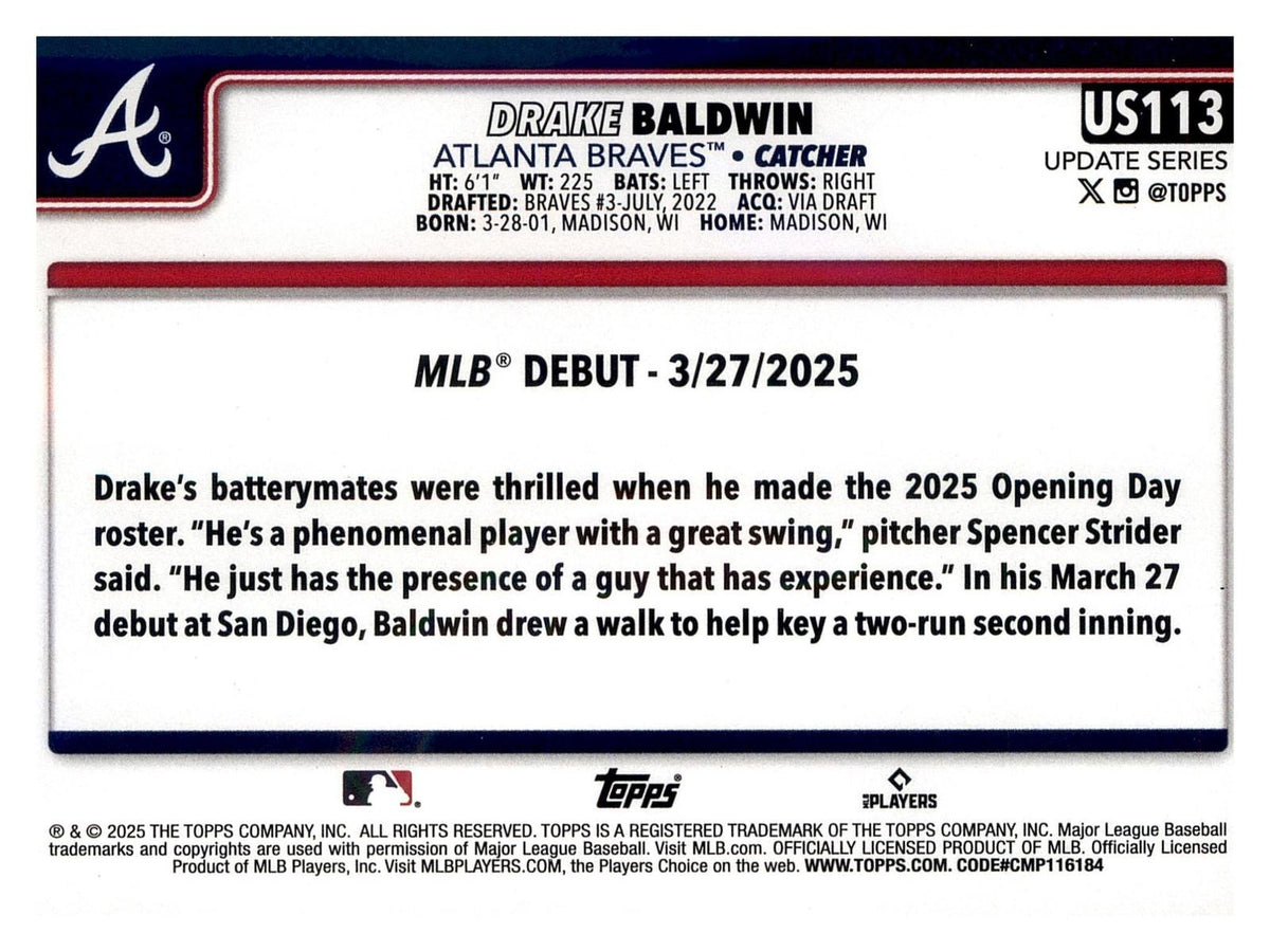 2025 Topps Update #US113 Drake Baldwin back