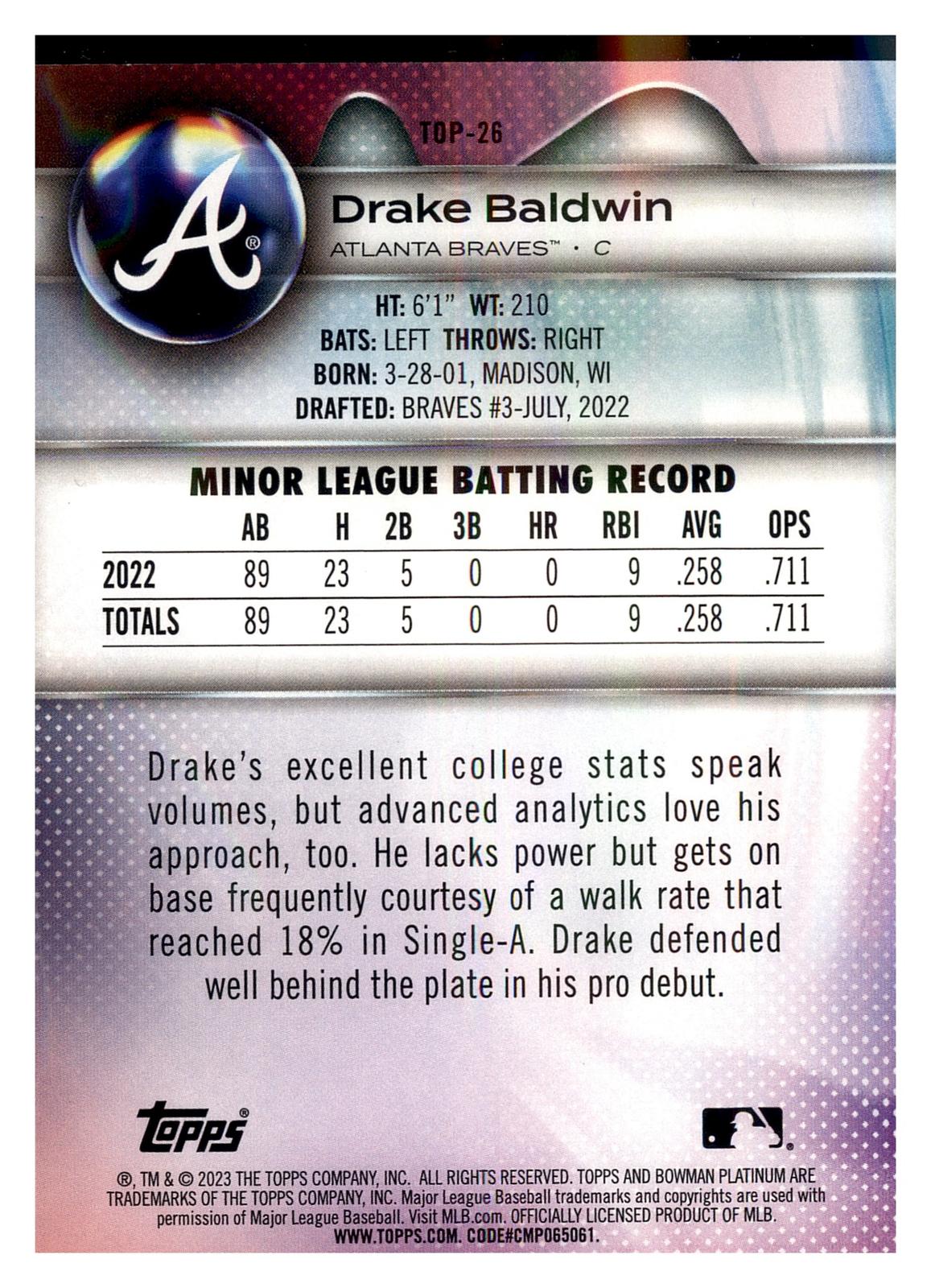 2023 Bowman Platinum #TOP-26 Drake Baldwin Top Prospects back