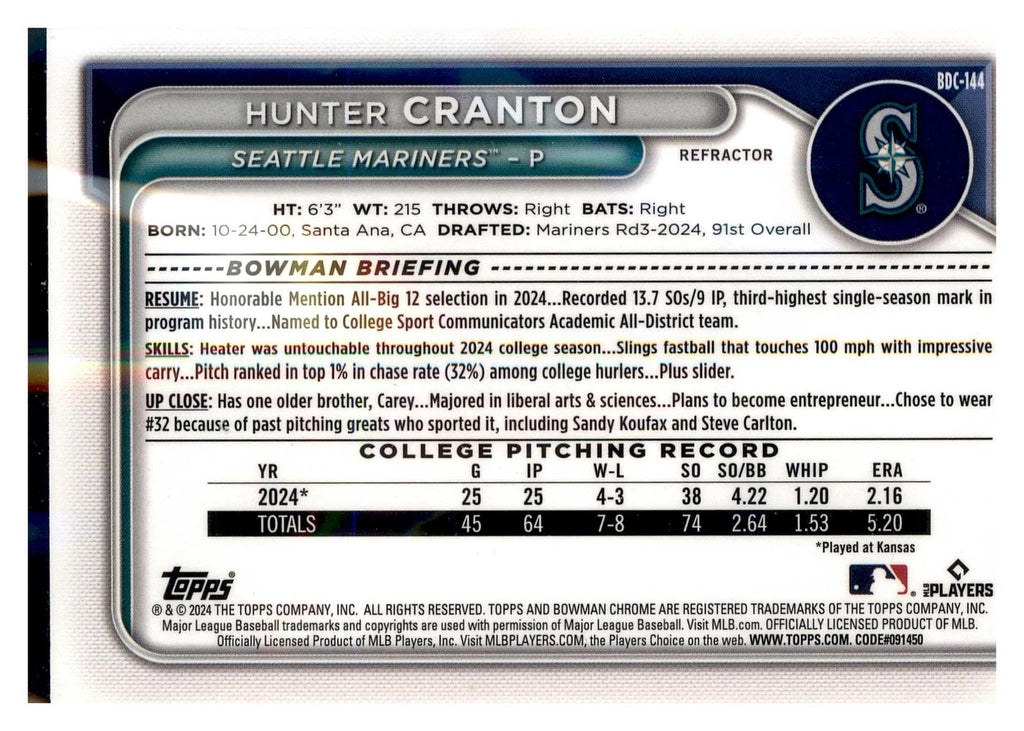 2024 Bowman Draft #BDC-144 Hunter Cranton Chrome back