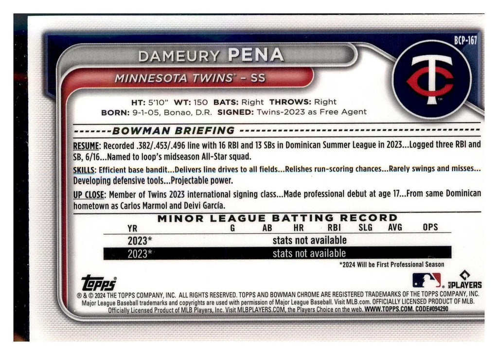 2024 Bowman Chrome #BCP-167 Dameury Pena Prospects Mojo Refractor back