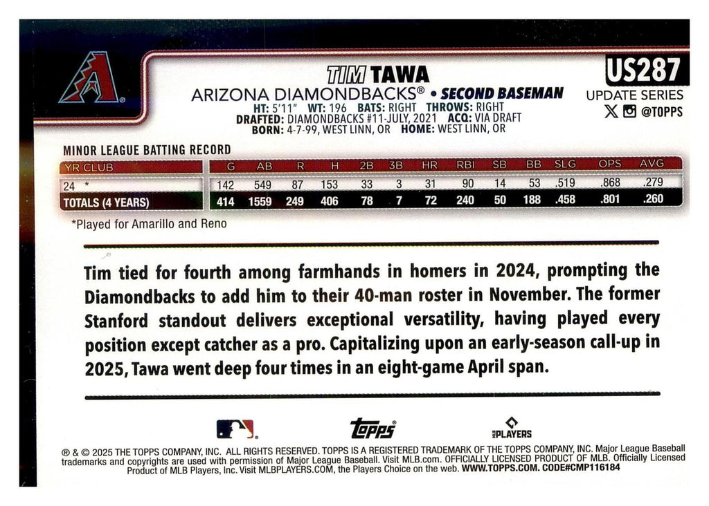 2025 Topps Update #US287 Tim Tawa Pink Holo Foil back
