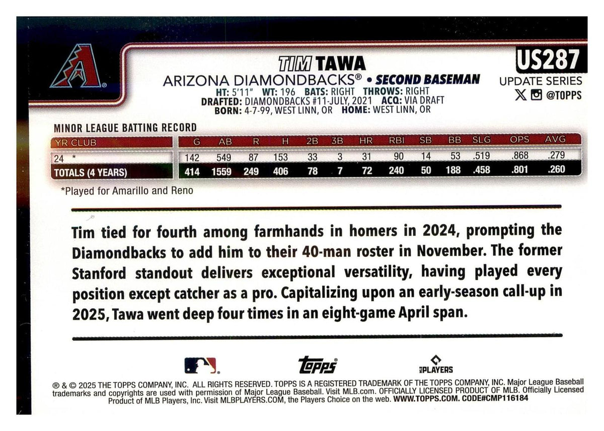 2025 Topps Update #US287 Tim Tawa Pink Holo Foil back