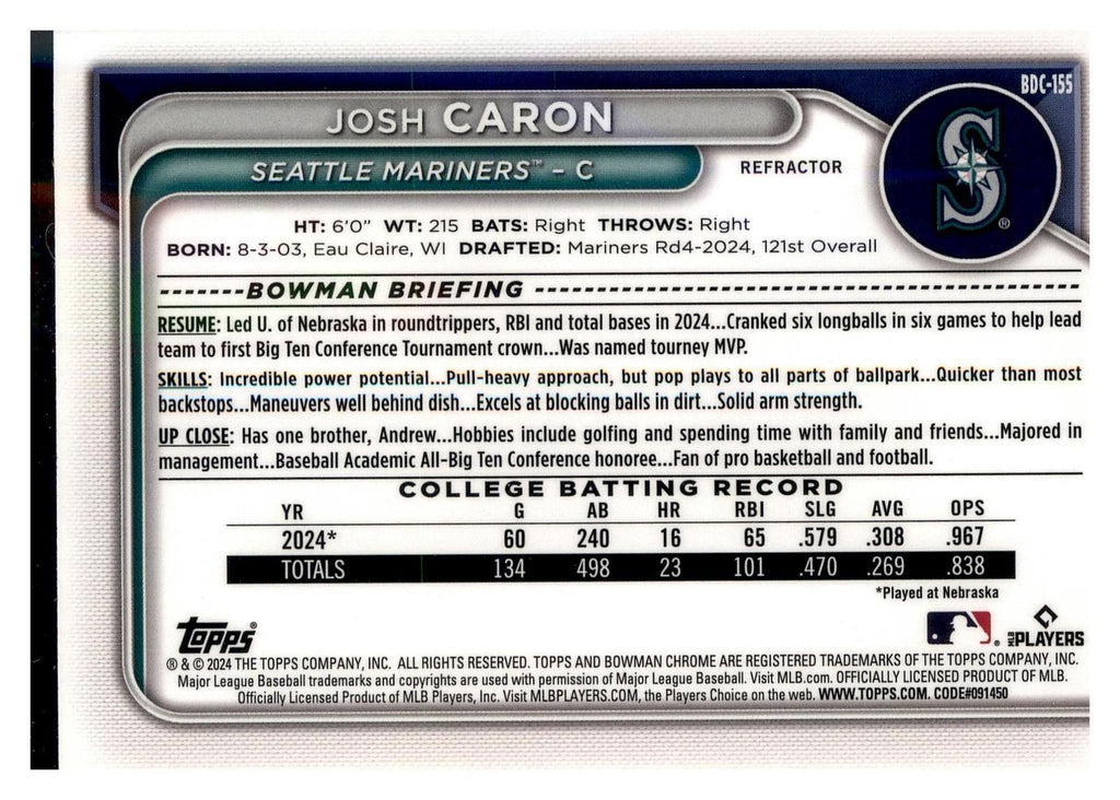 2024 Bowman Draft #BDC-155 Josh Caron Chrome Refractor back