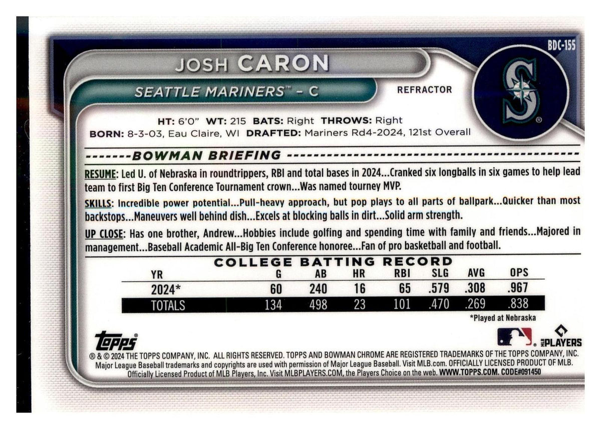 2024 Bowman Draft #BDC-155 Josh Caron Chrome Refractor back