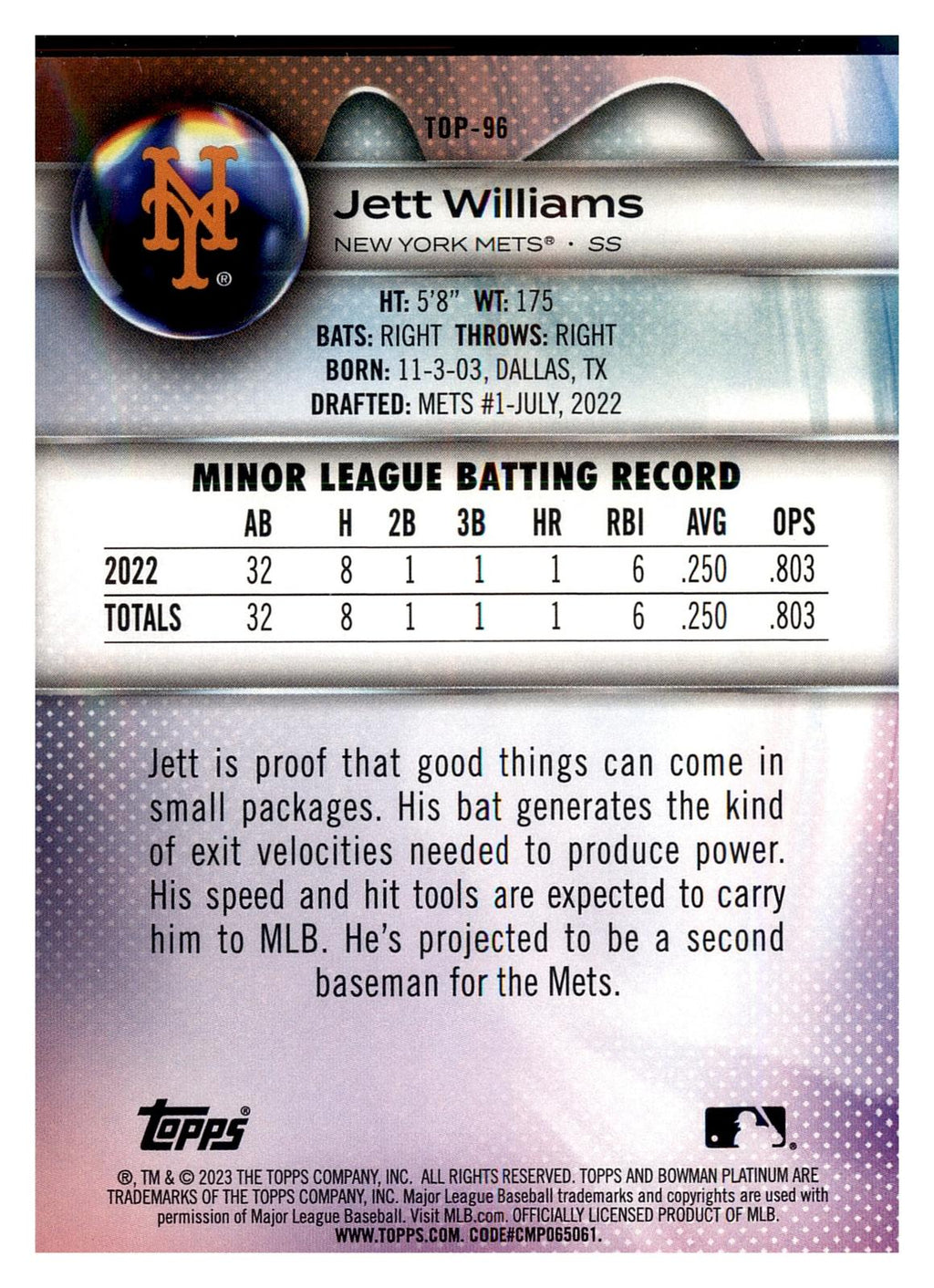 2023 Bowman Platinum #TOP-96 Jett Williams Top Prospects back