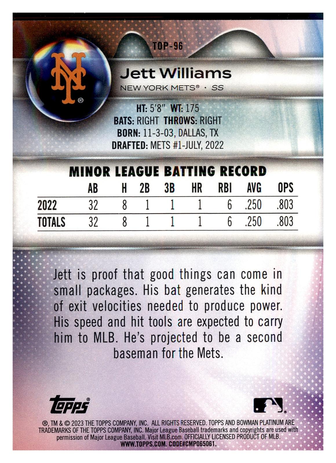 2023 Bowman Platinum #TOP-96 Jett Williams Top Prospects back