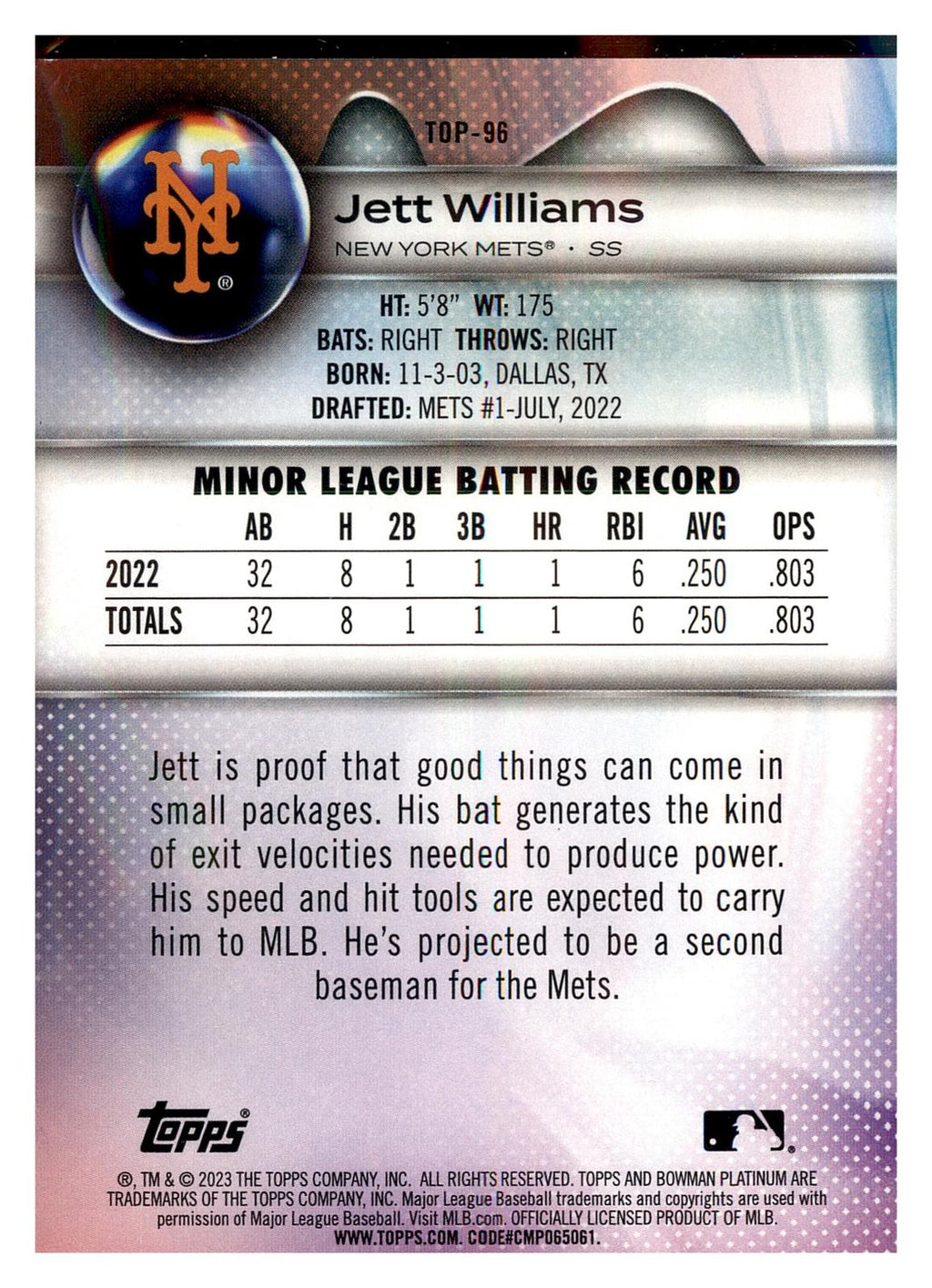 2023 Bowman Platinum #TOP-96 Jett Williams Top Prospects back