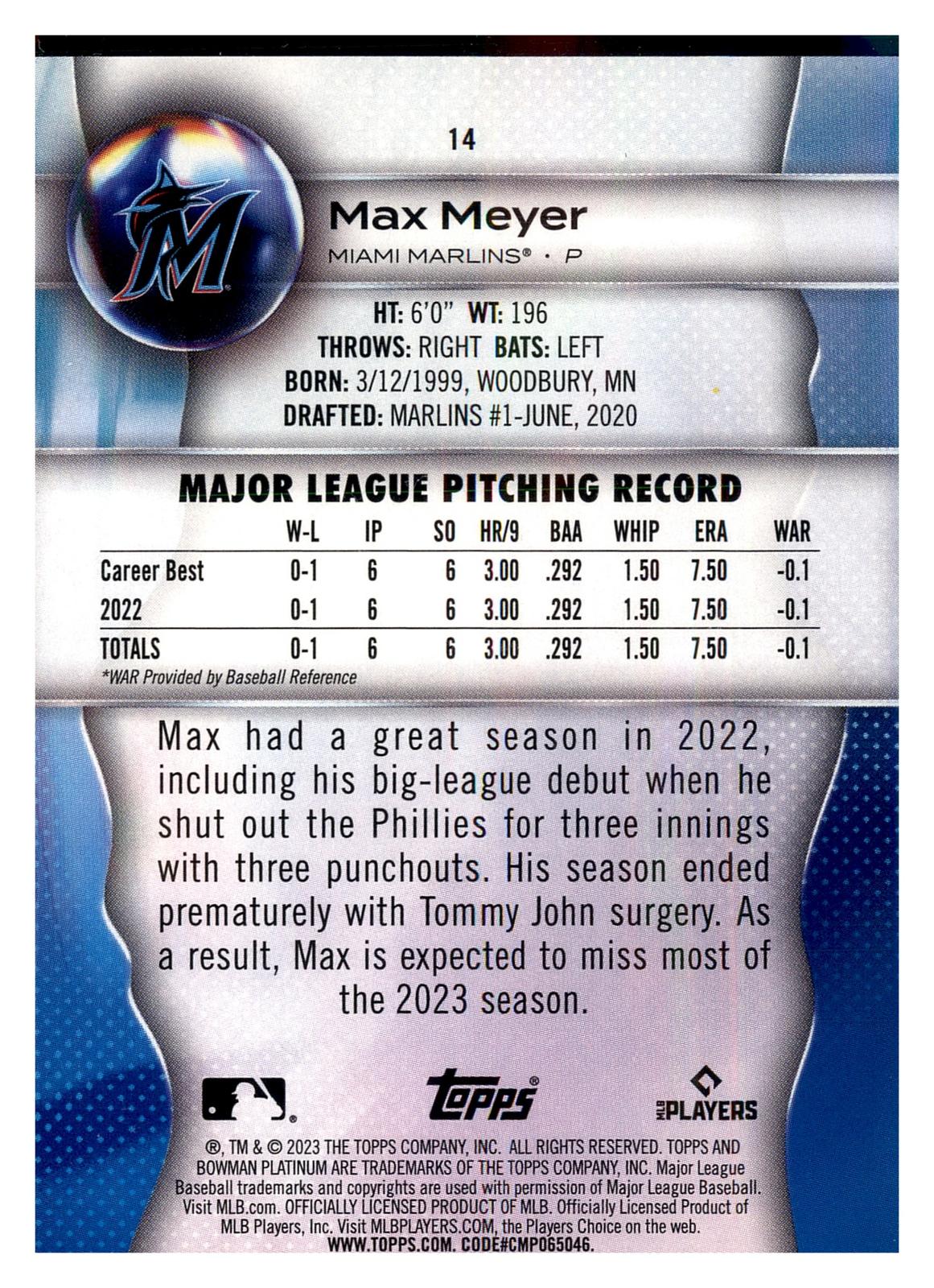 2023 Bowman Platinum #14 Max Meyer back