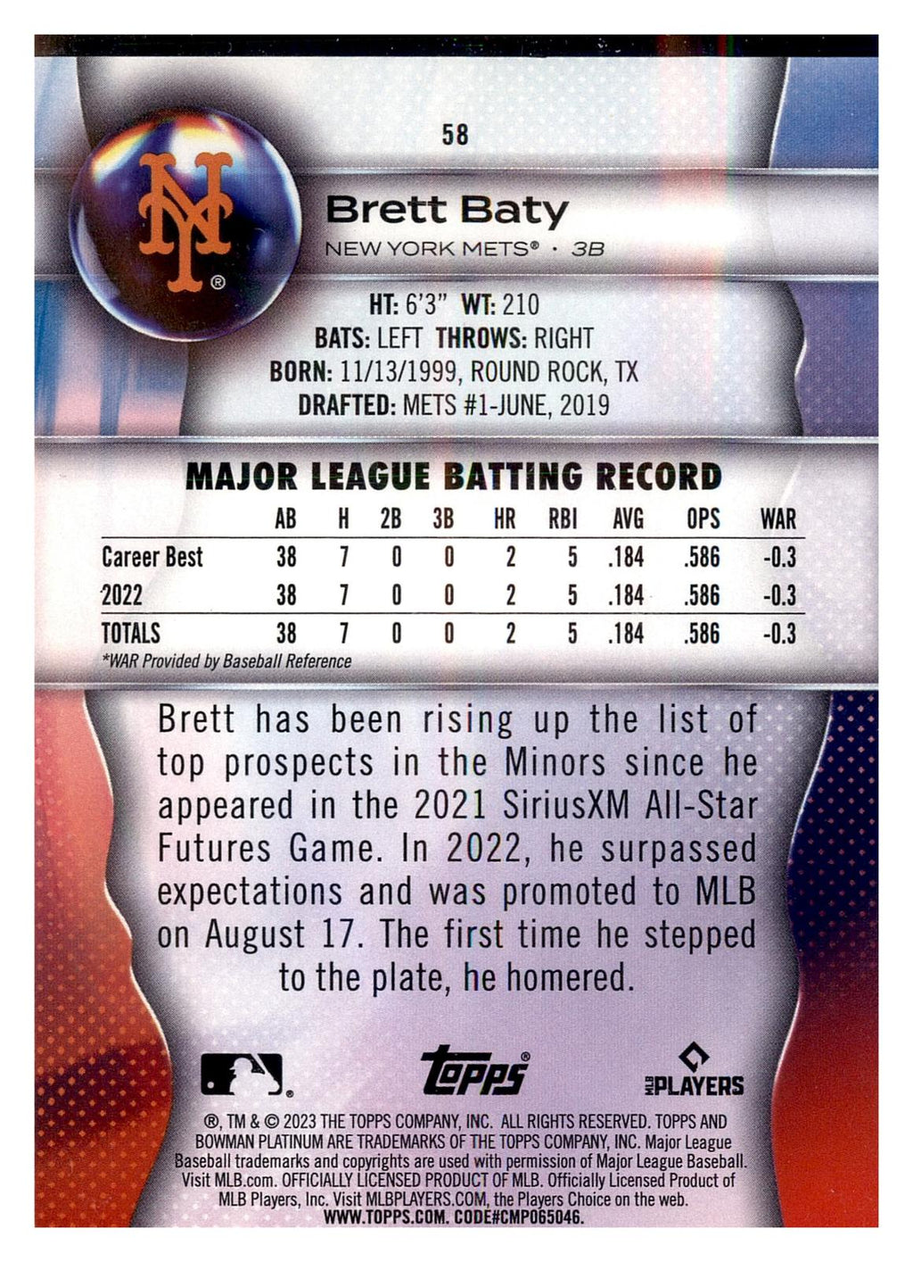 2023 Bowman Platinum #58 Brett Baty back