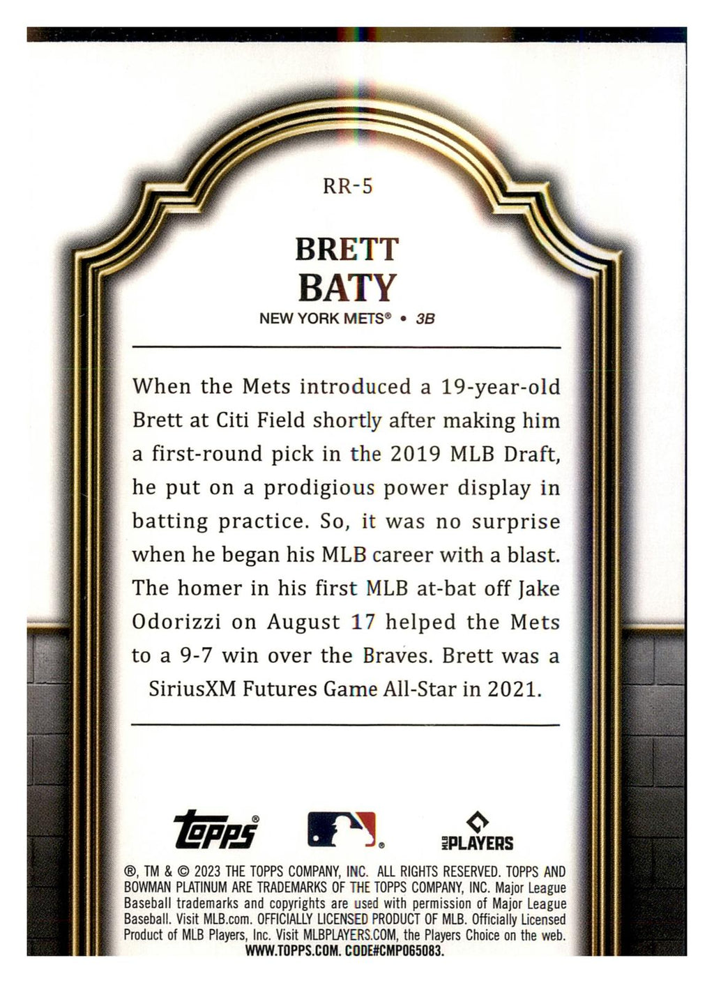 2023 Bowman Platinum #RR-5 Brett Baty Renowned Rookies back