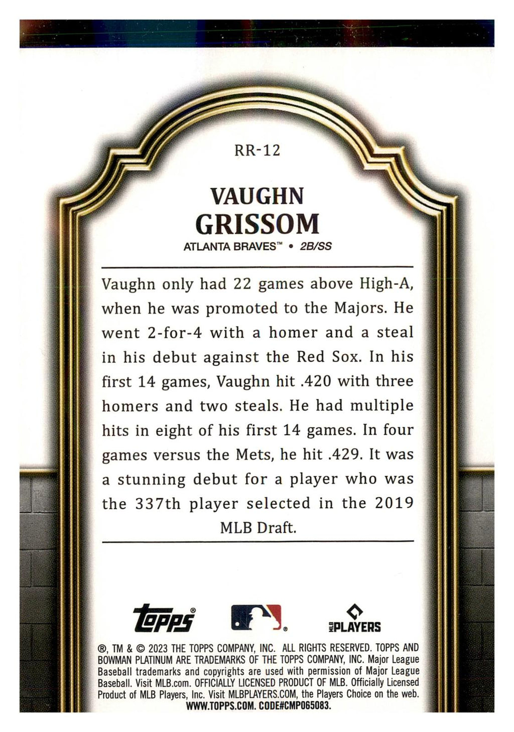 2023 Bowman Platinum #RR-12 Vaughn Grissom Renowned Rookies back