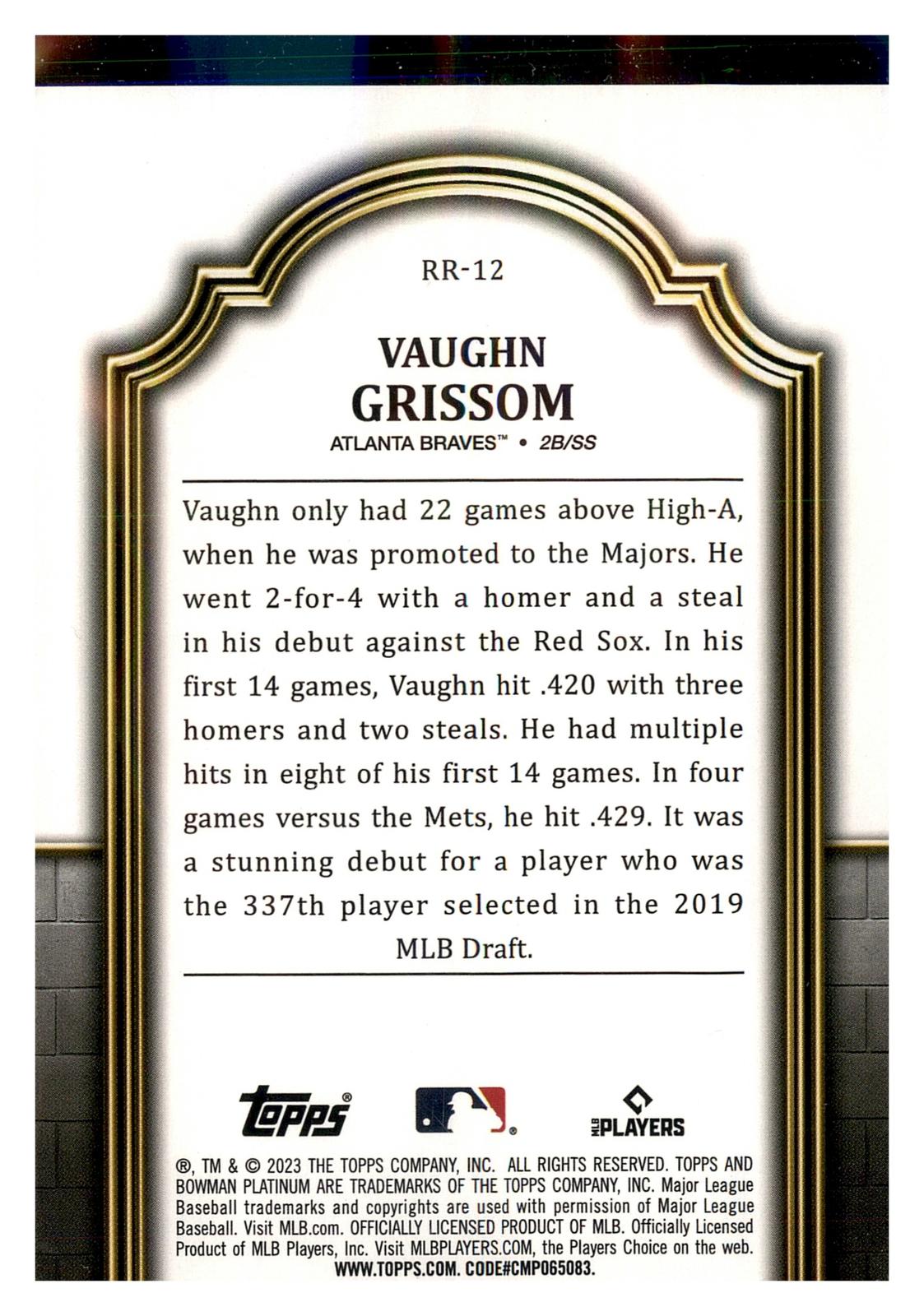 2023 Bowman Platinum #RR-12 Vaughn Grissom Renowned Rookies back