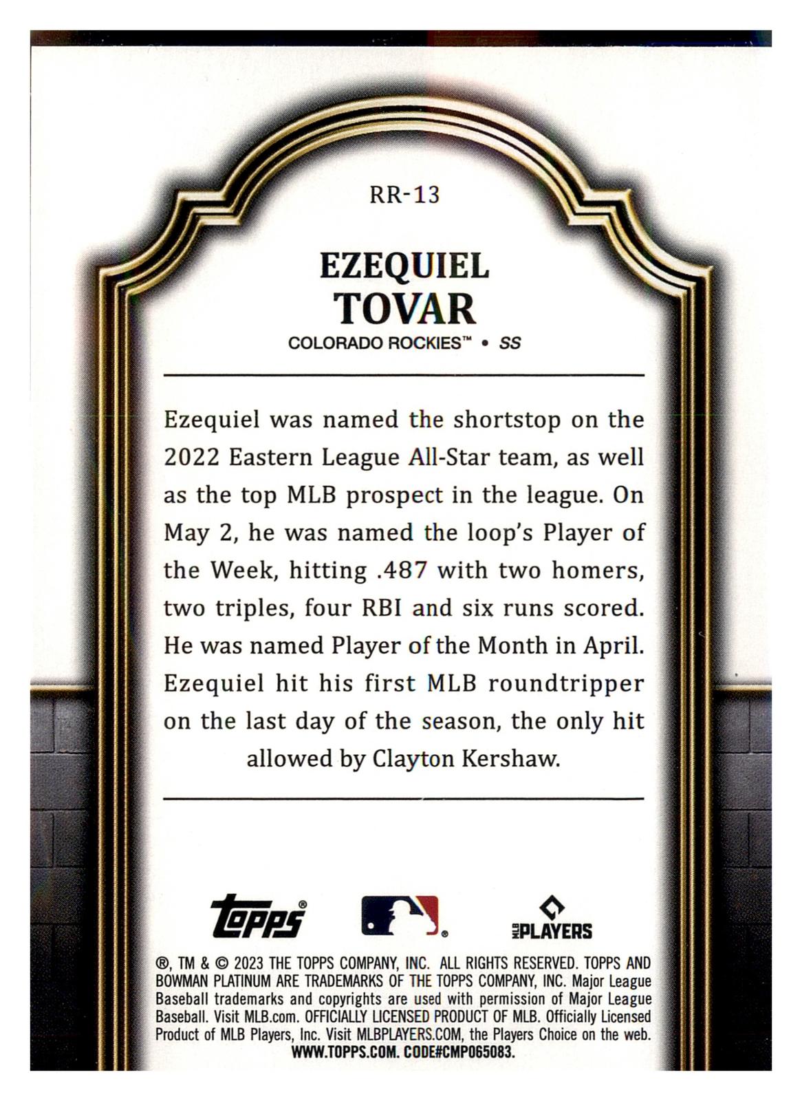 2023 Bowman Platinum #RR-13 Ezequiel Tovar Renowned Rookies back