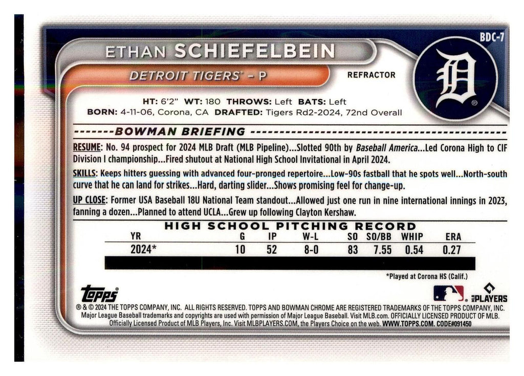 2024 Bowman Draft #BD-7 Ethan Schiefelbein back