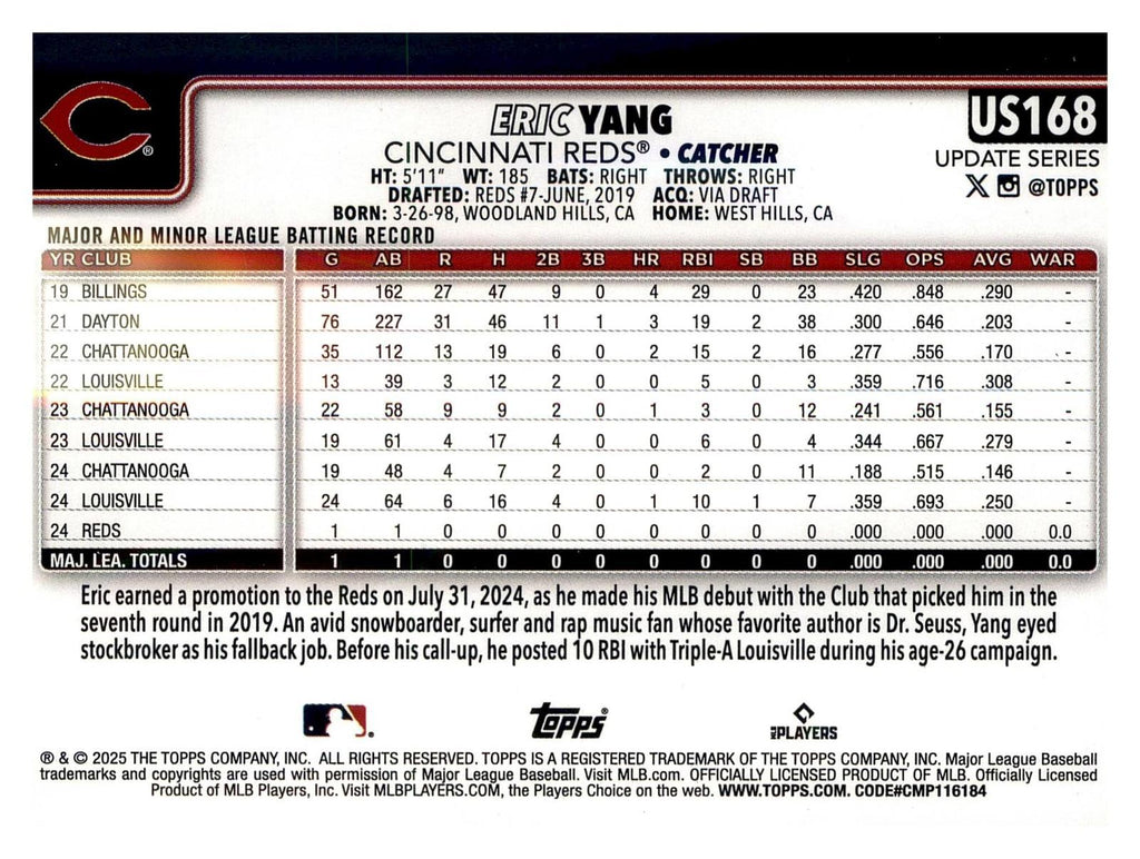 2025 Topps Update #US168 Eric Yang Diamante Foil back