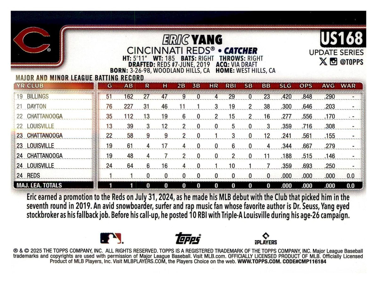 2025 Topps Update #US168 Eric Yang Diamante Foil back