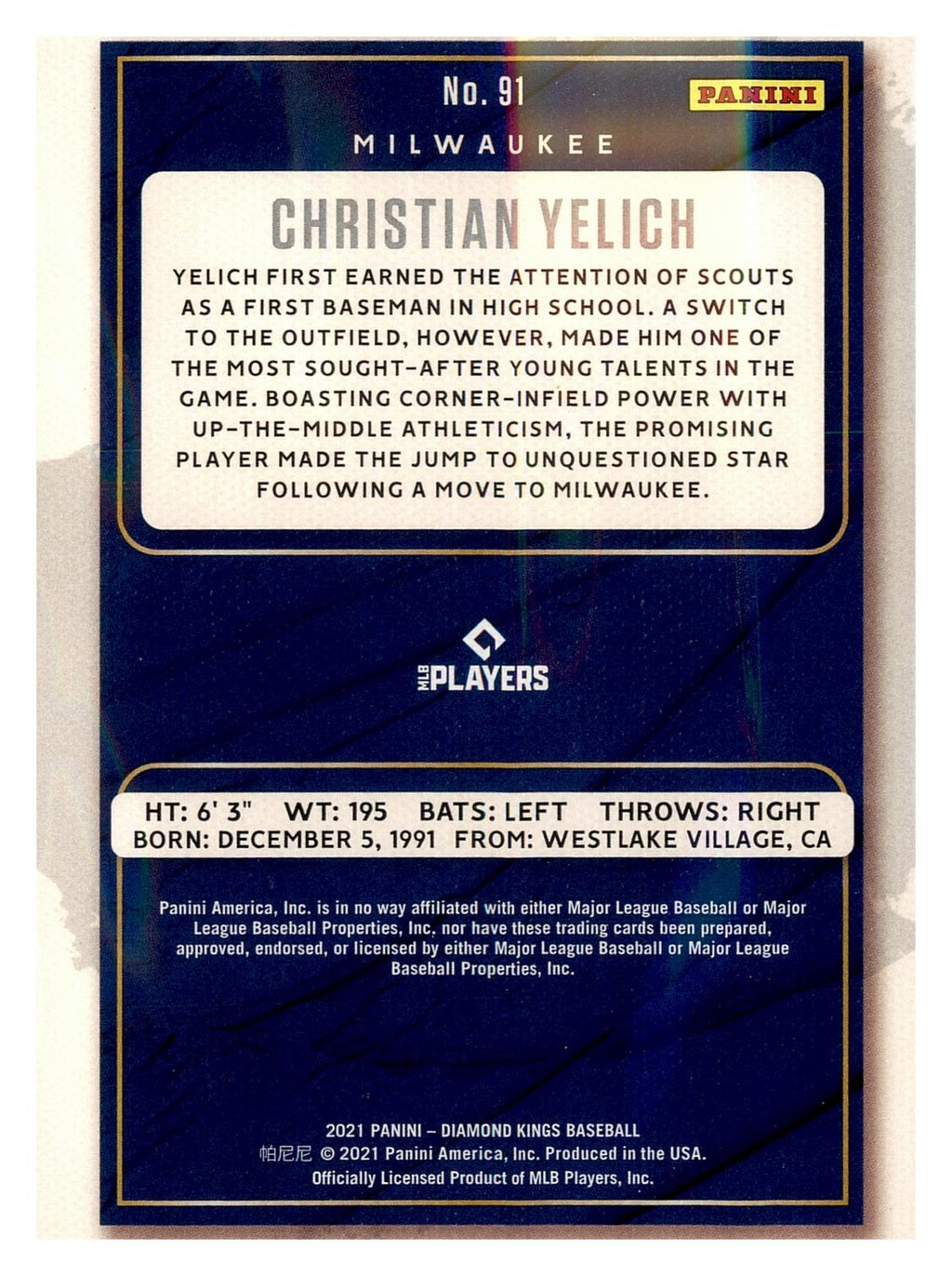 2021 Panini Diamond Kings #91 Christian Yelich Artist's Proof Blue back